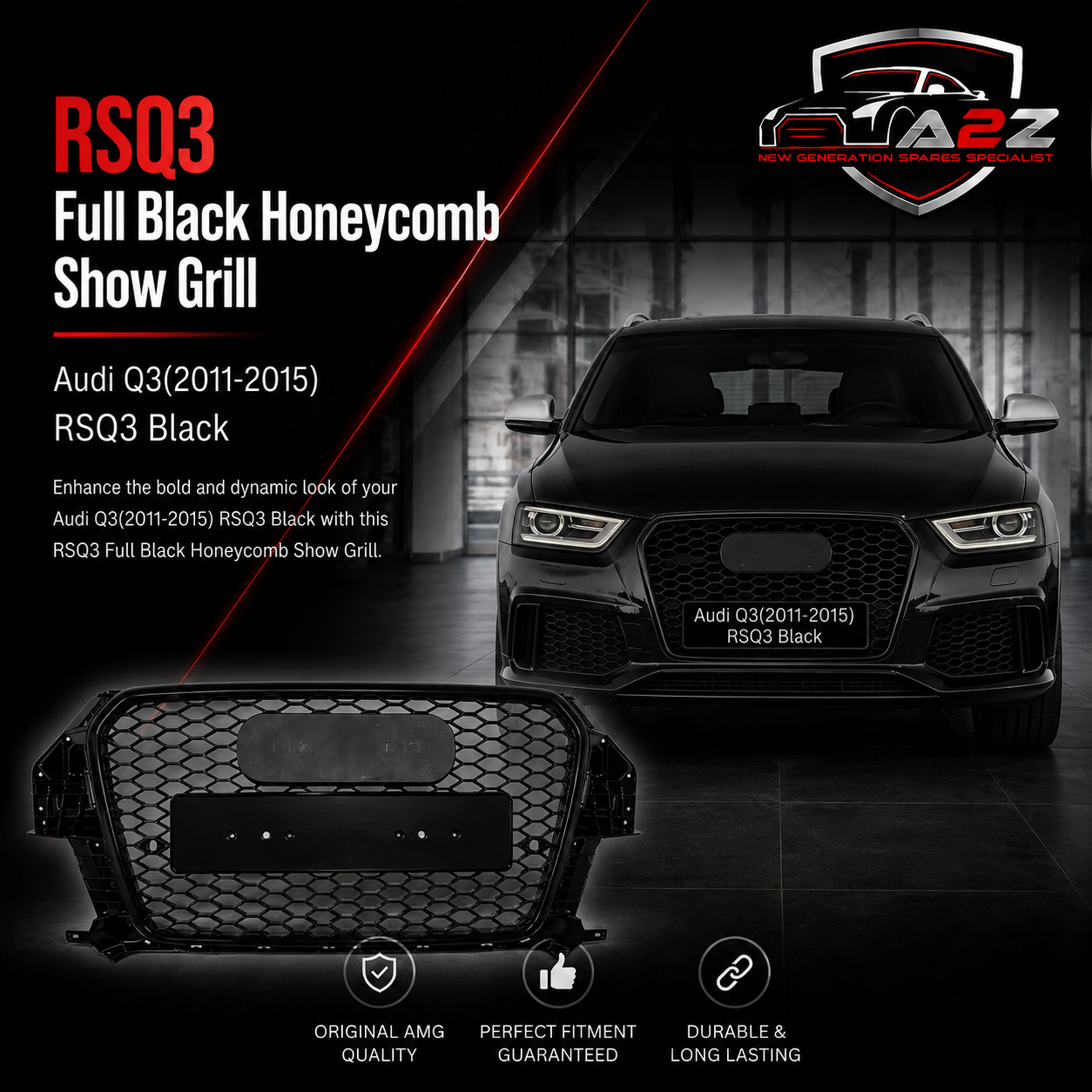 RSQ3 Full Black Honeycomb Show Grill Compatible With Audi Q3(2011-2015) RSQ3 Black Chrome Tag No.127