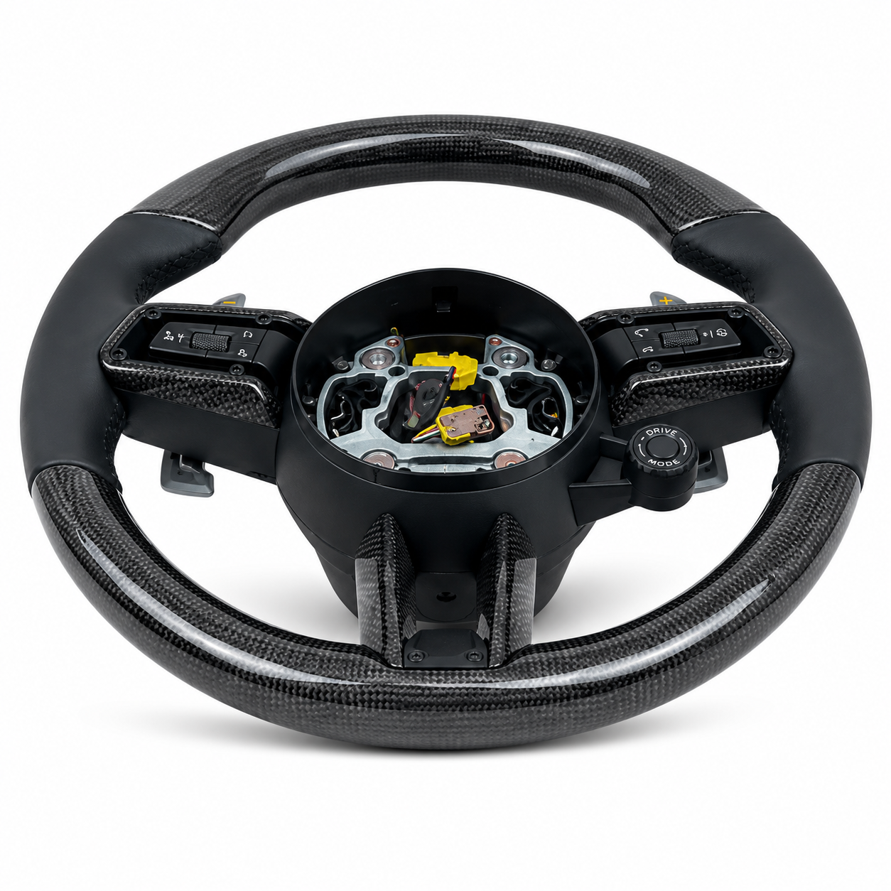 Gloss Carbon Fiber Steering Wheel (Black Leather Grip) Compatible With Porsche All Models