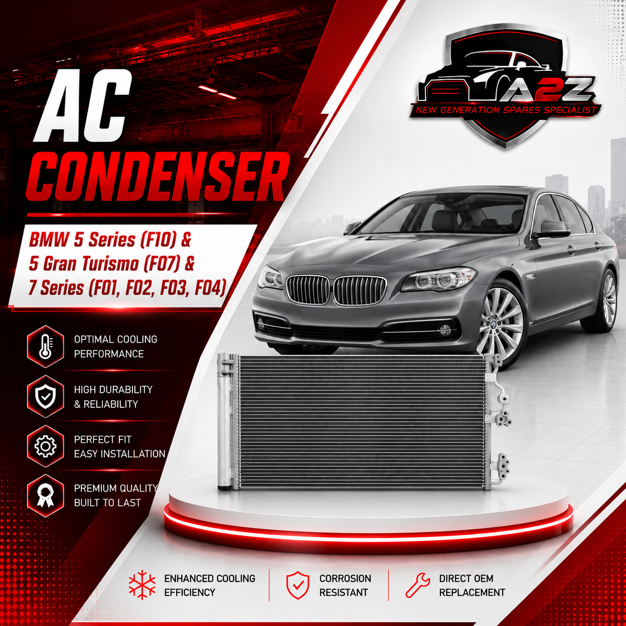 AC Condenser 64509391489 Compatible with BMW 5 Series (F10) &  5 Gran Turismo (F07) & 7 Series (F01, F02, F03, F04)