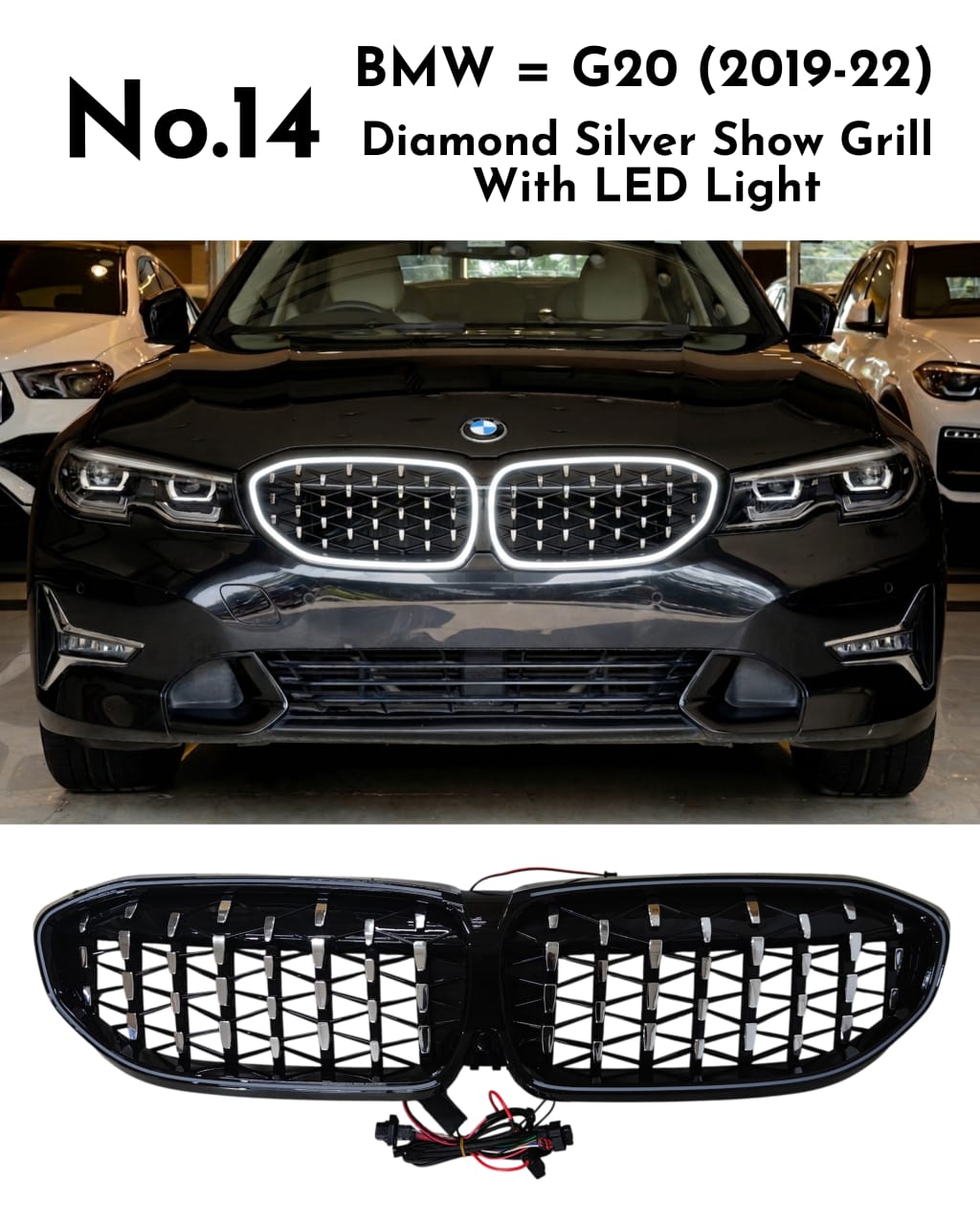 Diamond Silver Show Grill With LED Light Compatible With BMW =G20 (2019-22) No.14