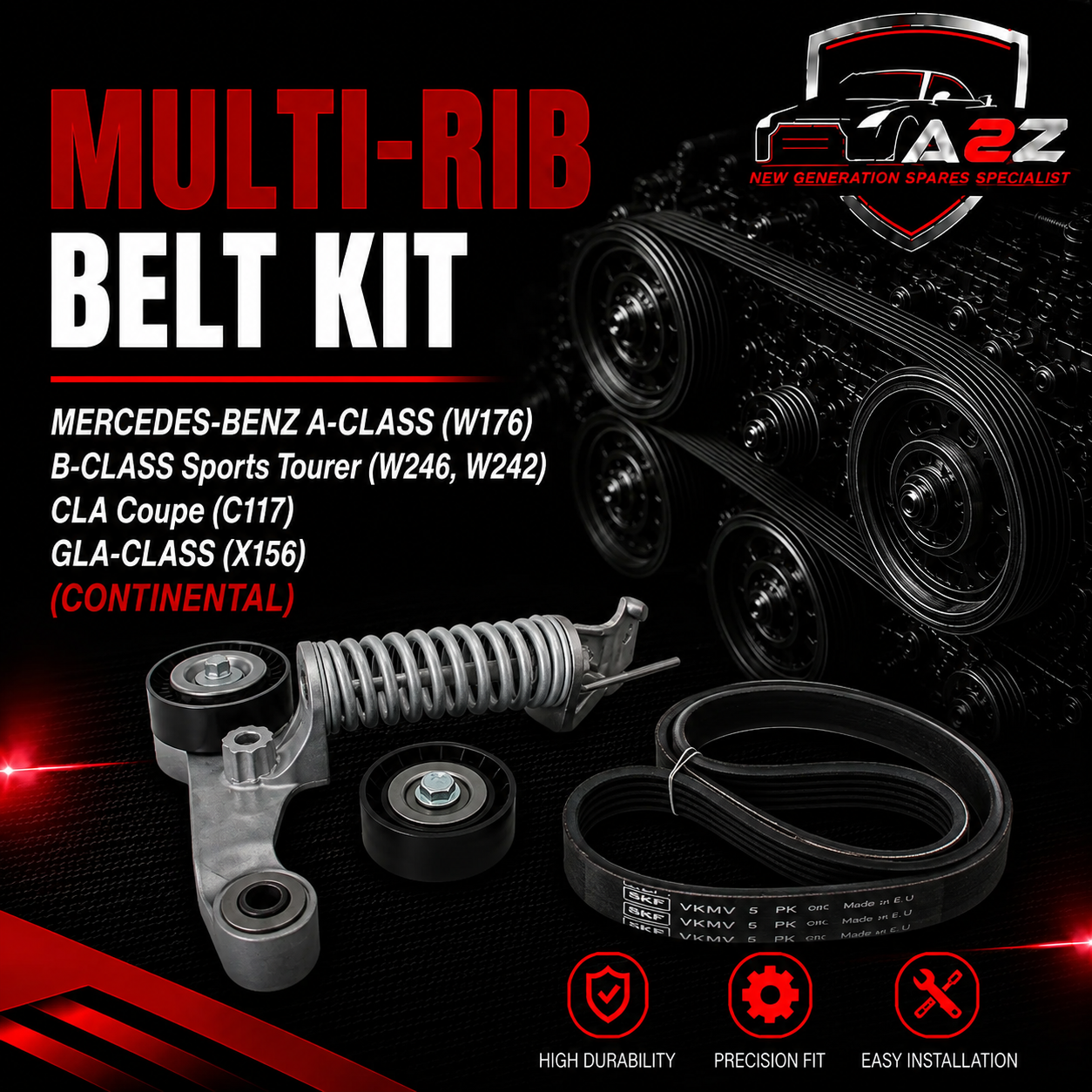 Multi Rib Belt Kit 5PK1745K1 25195388 55565236 Compatible With MERCEDES-BENZ A-CLASS (W176) B-CLASS Sports Tourer (W246, W242) CLA Coupe (C117) GLA-CLASS (X156) (CONTINENTAL)