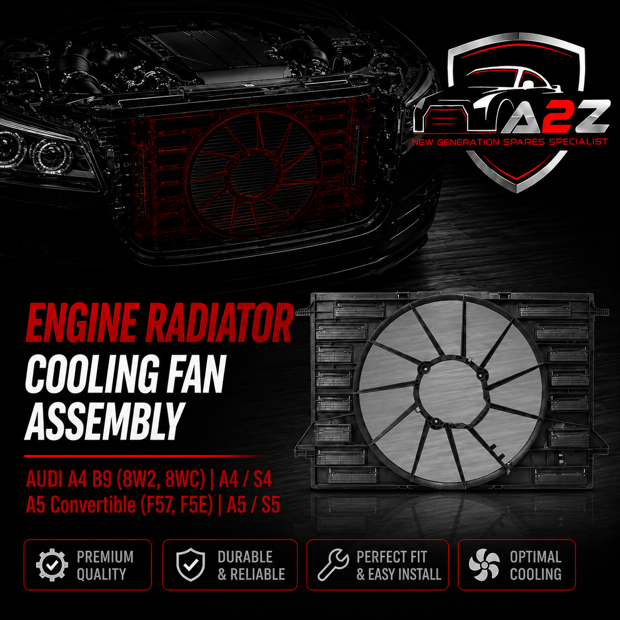 Engine Radiator Cooling Fan Assembly 8W0121207B Compatible With AUDI A4 B9 (8W2, 8WC) | A4 / S4 A5 Convertible (F57, F5E) | A5 / S5