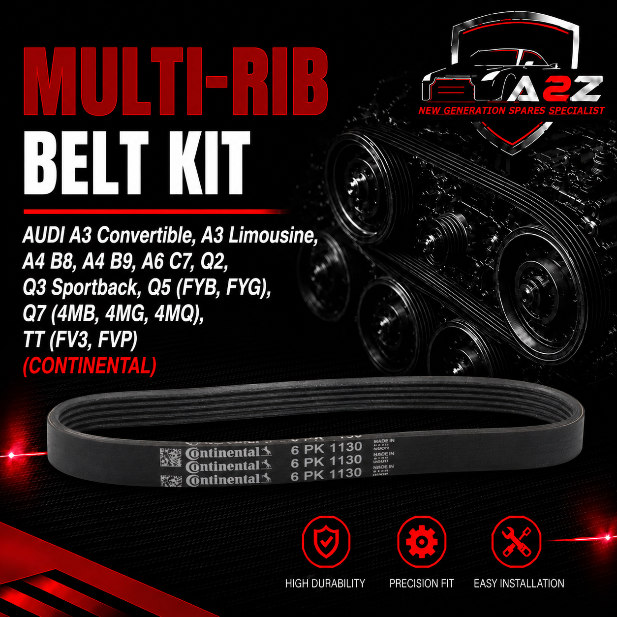 Multi RIB Belt Kit 6PK1130K3 Compatible With AUDI A3 Convertible, A3 Limousine, A4 B8, A4 B9, A6 C7, Q2, Q3 Sportback, Q5 (FYB, FYG), Q7 (4MB, 4MG, 4MQ), TT (FV3, FVP) (CONTINENTAL)