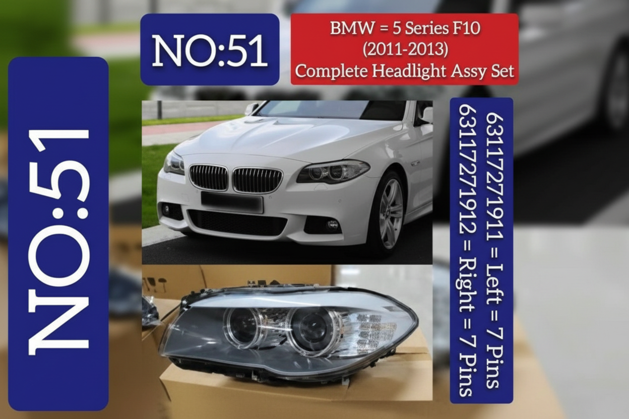 Headlight Headlamp Left 63117271911 & Right 63117271912 (Without Blaster) Compatible With BMW 5 Series (F10) (2010-2013) Xenon-Projectors Tag No.51