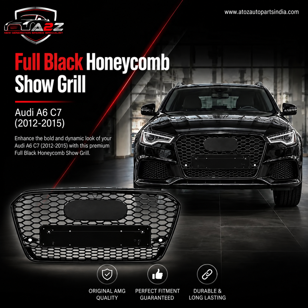 RS6 Full Black Honeycomb Show Grill Compatible With Audi A6 C7(2012-15) Tag No.54