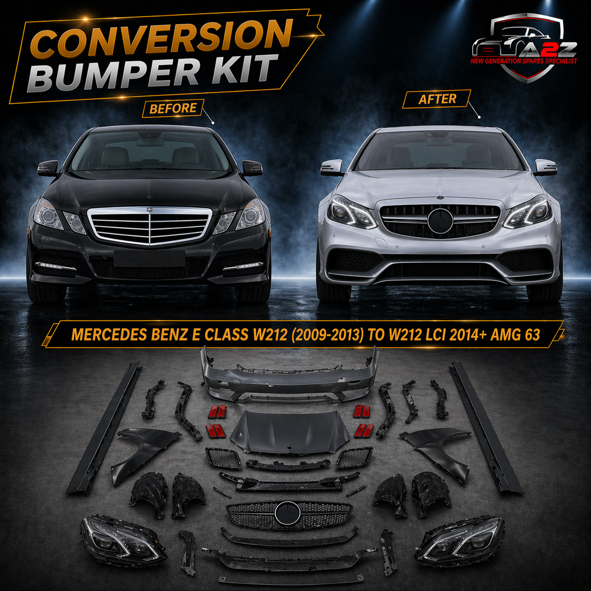 A To Z Compatible With Mercedes Benz E Class W212 (2009-2013) Το W212 Lci 2014+ Amg63 Upgrade Facelift Conversion Body Kit Bumper Hood Headlight Taillight CC-6352 (Shipping Cost Not Included In Price)