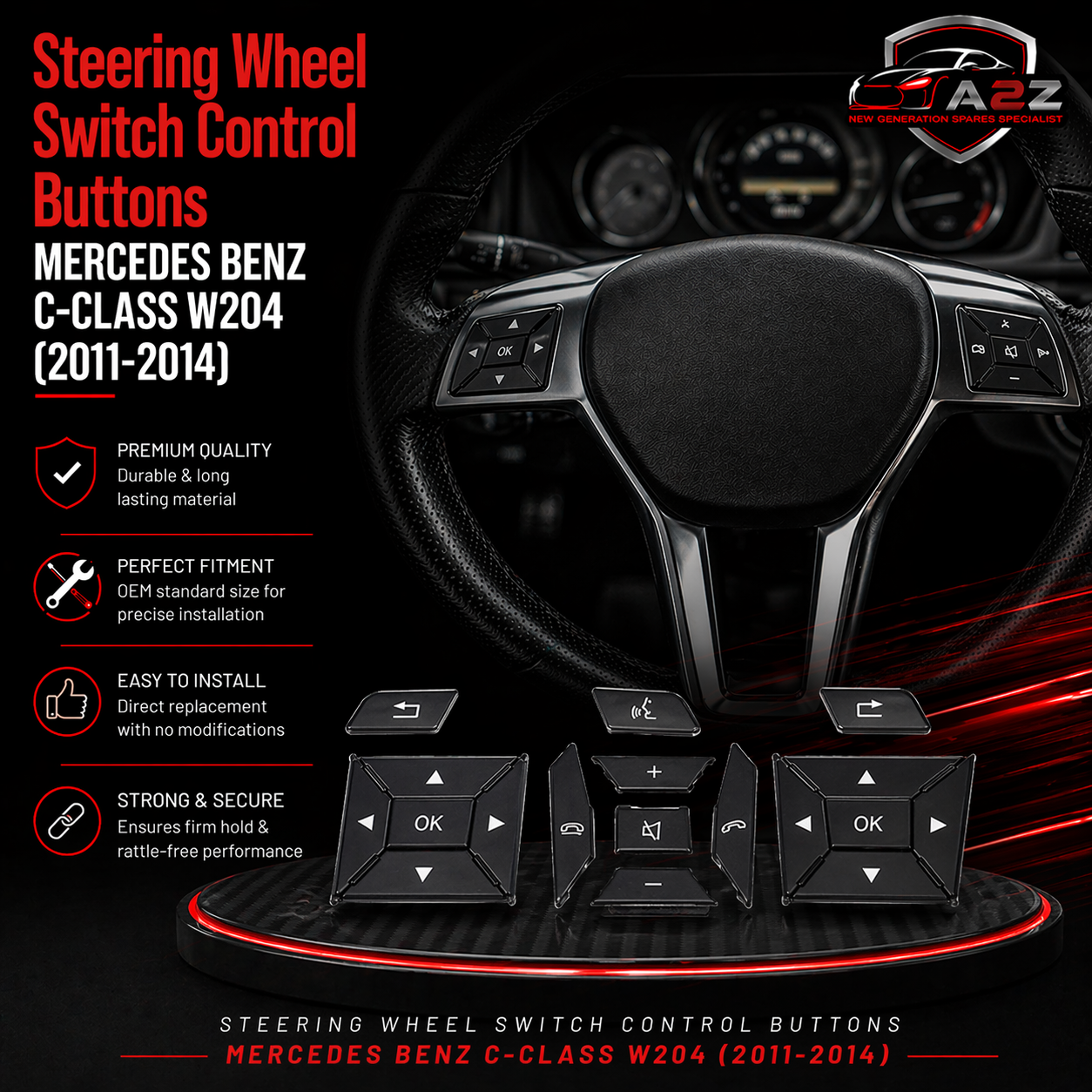 Moka-Square Steering Wheel Switch Control Buttons 2185400162-8495 & 2185400262-8495 Compatible with MERCEDES BENZ C-CLASS W204 & E-CLASS W212 & CLS C218
