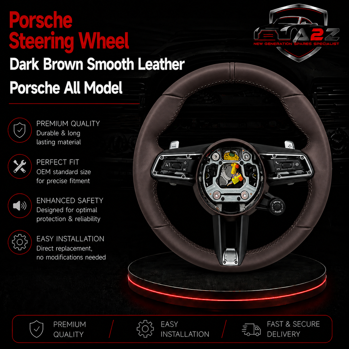 Dark Brown Smooth Leather Steering Wheel Compatible With Porsche All Models