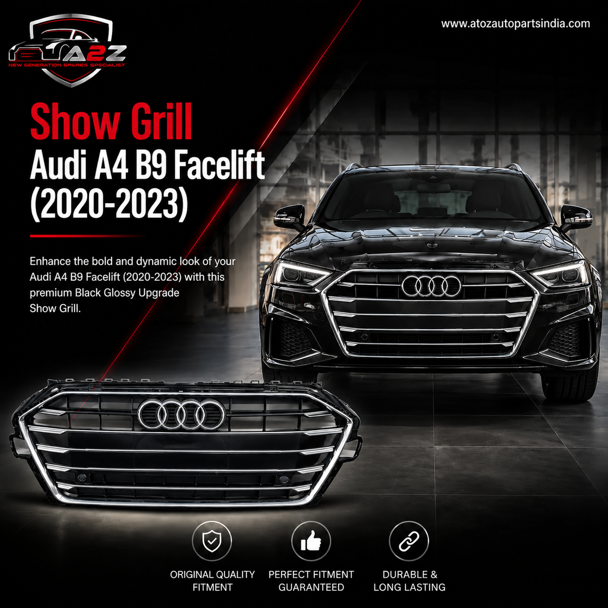 Show Gril Compatible With  Audi A4 B9 Facelift(2020-23) Shiny Black Chrome Tag 31