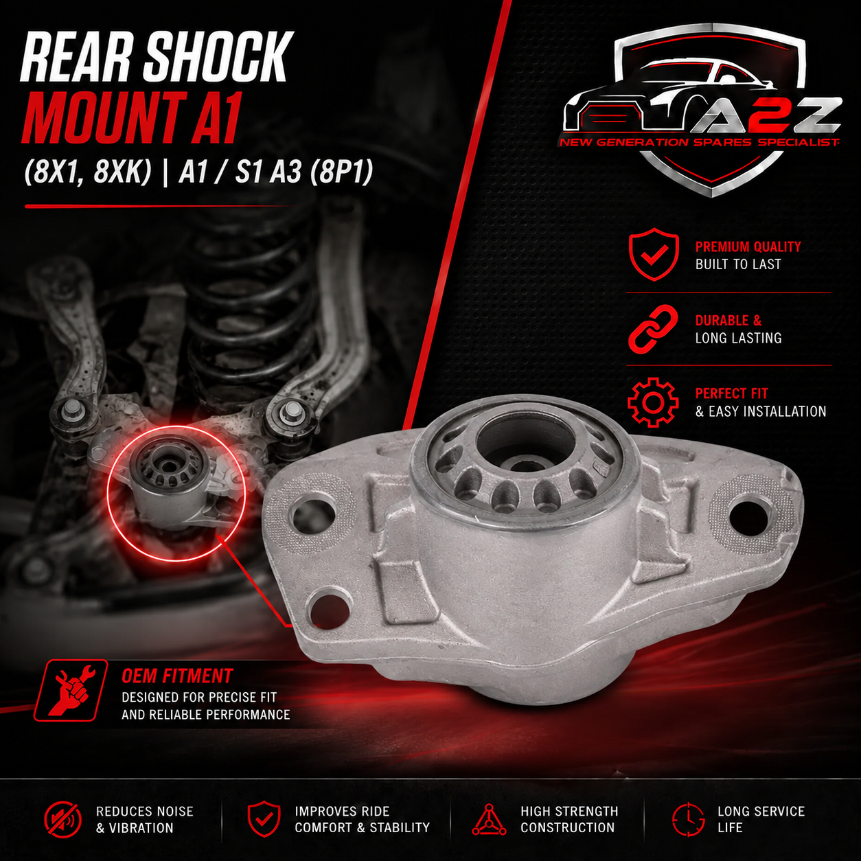 Rear Shock Mount 3C0513353 3C0513353C 3C0513353D Compatible With A1 (8X1, 8XK) | A1 / S1 A3 (8P1) | A3 / S3 A3 Convertible (8P7) A3 Sportback (8PA) | A3 / S3 Q3 (8UB, 8UG), Volkswagen Passat, CC, Tiguan, Jetta