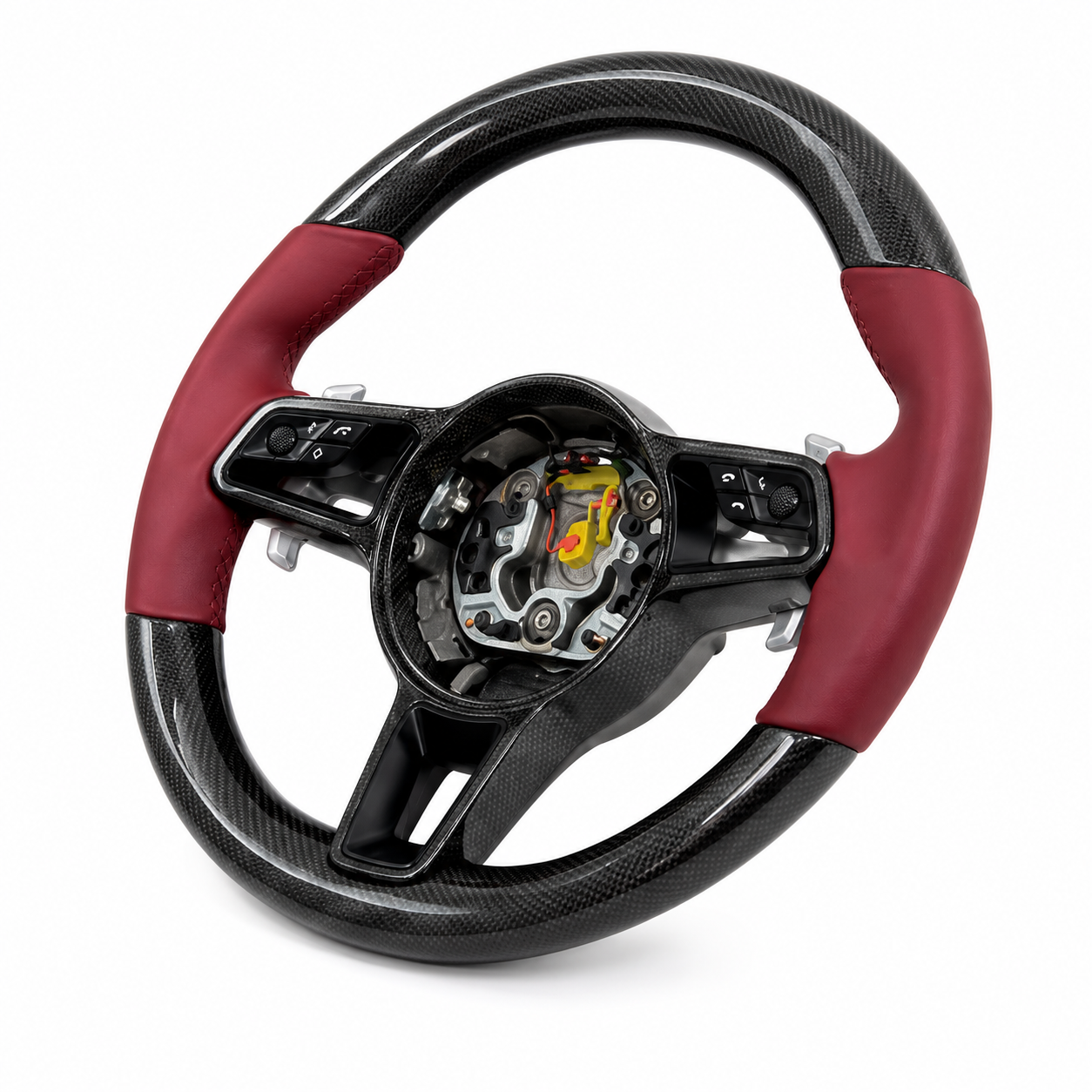 Carbon Fiber & Burgundy Leather Steering Wheel Compatible With Porsche All Models