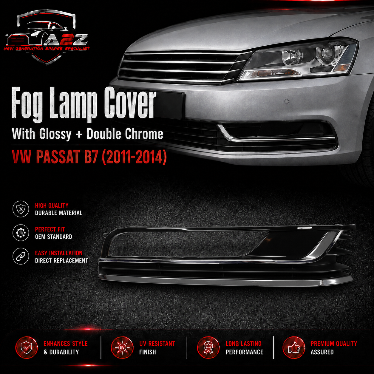 Fog Lamp Cover With Glossy + Double Chrome Left 3AA853665 & Right 3AA853665 3AE807459 Compatible With VW PASSAT B7 (2011-2014) No.140