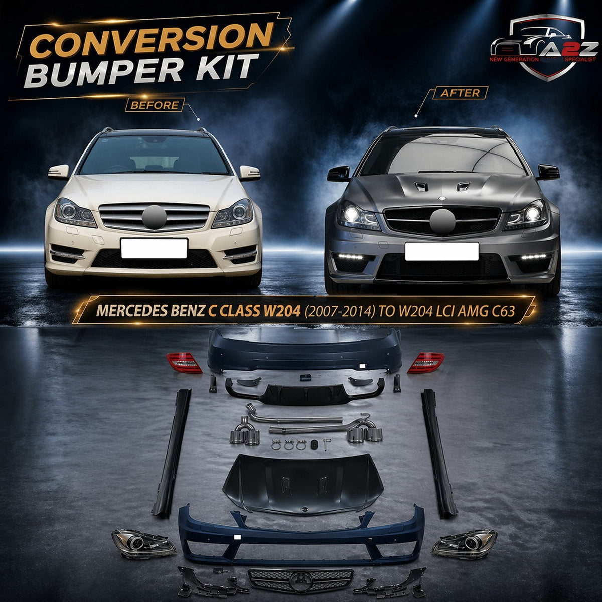 A To Z Compatible With Mercedes C Class W204 (2007-2014) Upgrade Facelift Convert Body Kit To W204 Lci Amgc63 Bumper Headlight Taillight Side Skirts Diffuser Exhaust Tips Hood CC-5517 (Shipping Cost Not Included In Price)