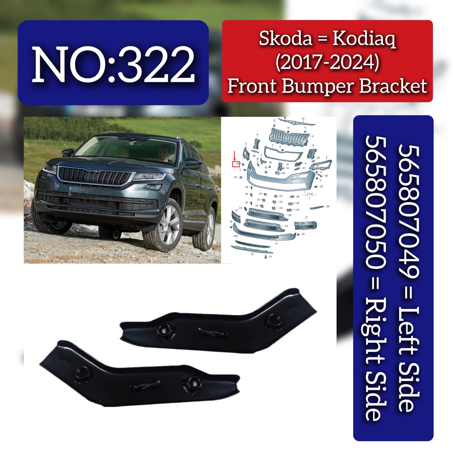 Front Bumper Bracket Set Left 565807049 & Right 565807050 Compatible With Skoda Kodiaq (2017-2024) Tag No.322