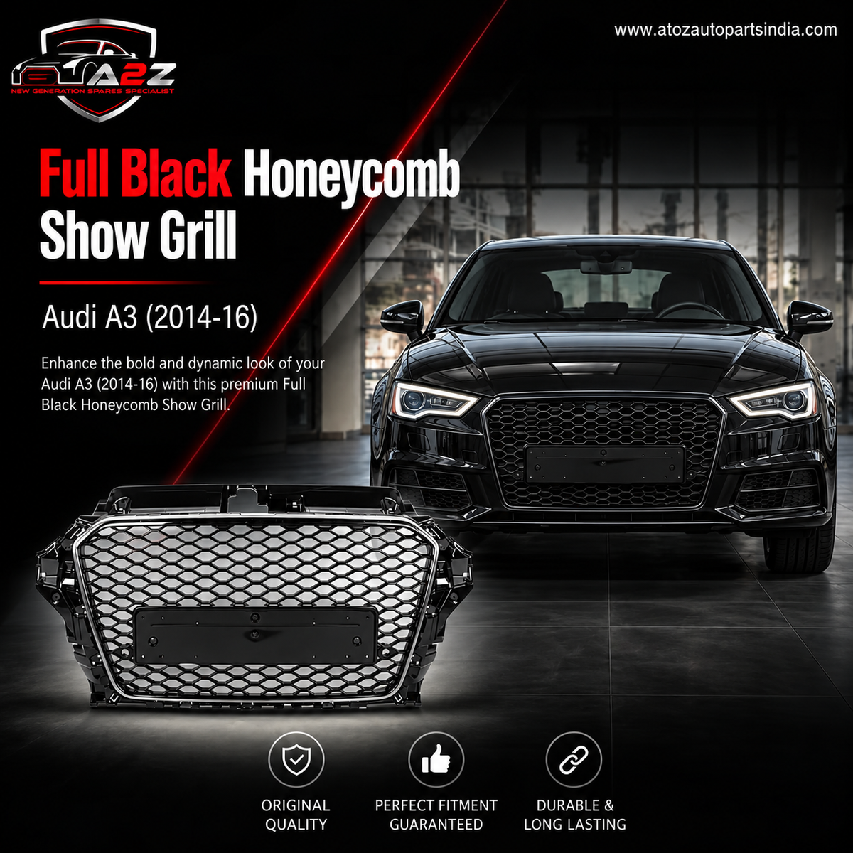 RS3 Full Black Honeycomb Show grill Compatible With Audi A3(2014-16) Tag No.92