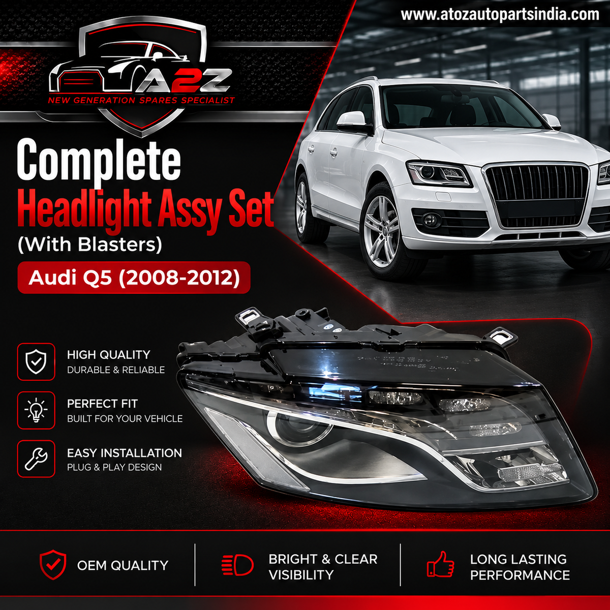 Complete Headlight Assy Set (With Blasters) Left 8R0941029A & Right 8R0941030A Compatible With Audi Q5 (2008-2012) Tag No.154