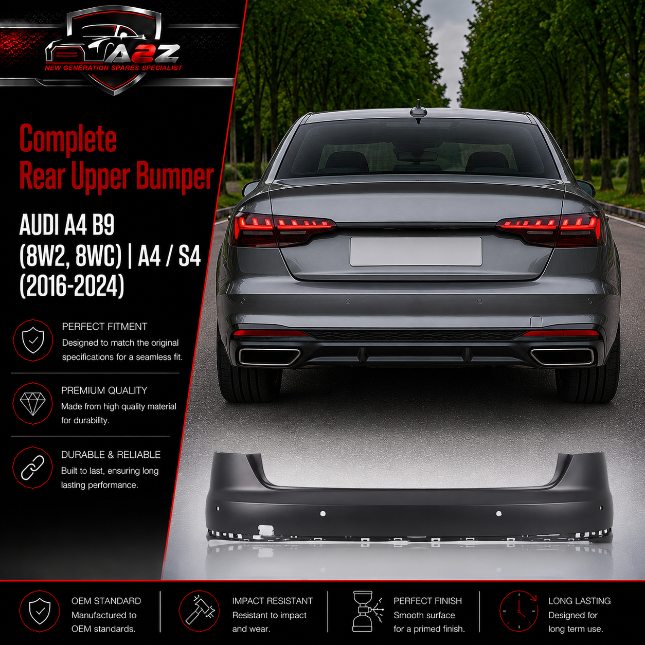 Complete Rear Upper Bumper 8W5807067G Compatible With AUDI A4 B9 (8W2, 8WC) | A4 / S4 (2016-2024)