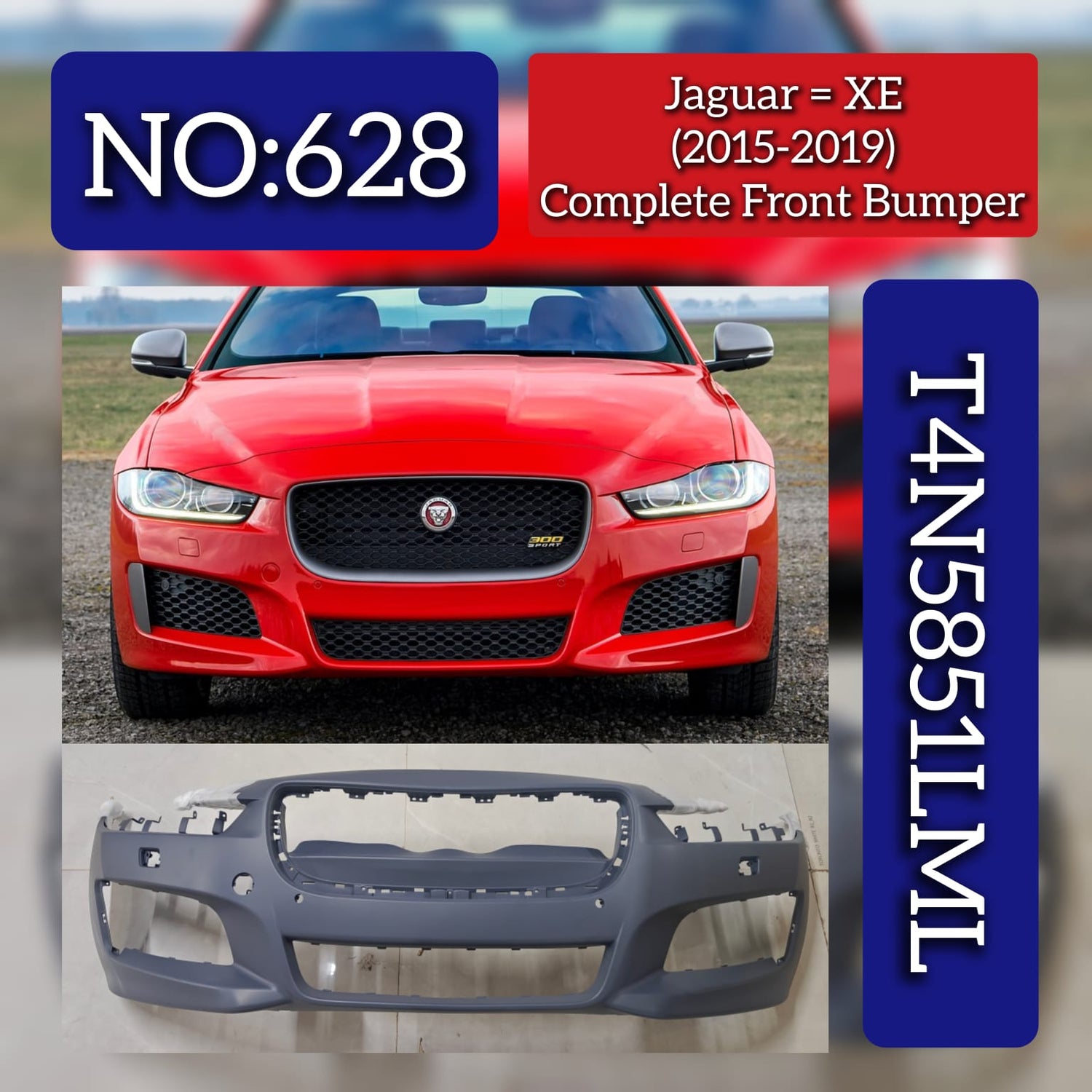 Complete Front Bumper T4N5851LML Compatible With Jaguar XE (2015-2019) Tag No.628