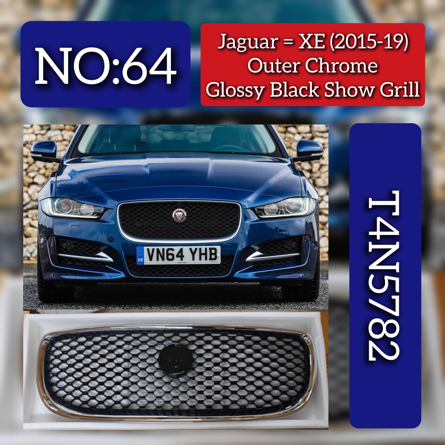 Outer Chrome Glossy Black Show Grill T4N5782 Compatible With Jaguar XE (2015-2019) Tag No.64