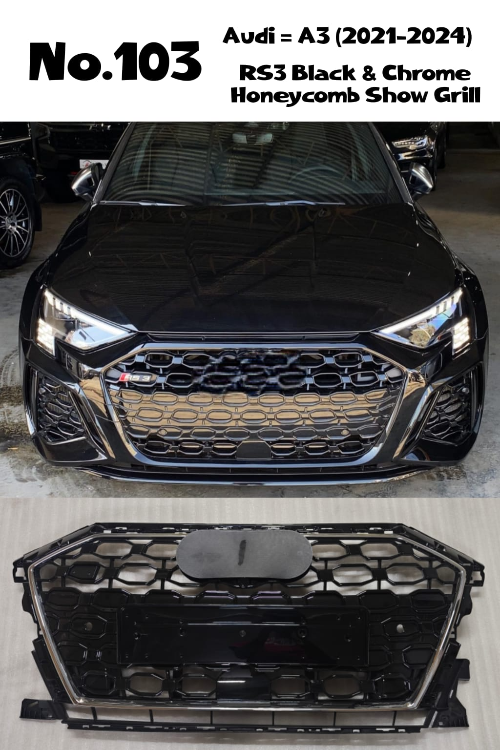 RS3 Black And Chrome Honeycomb Show Grill Compatible With Audi = A3 (2021-24) Tag No.103