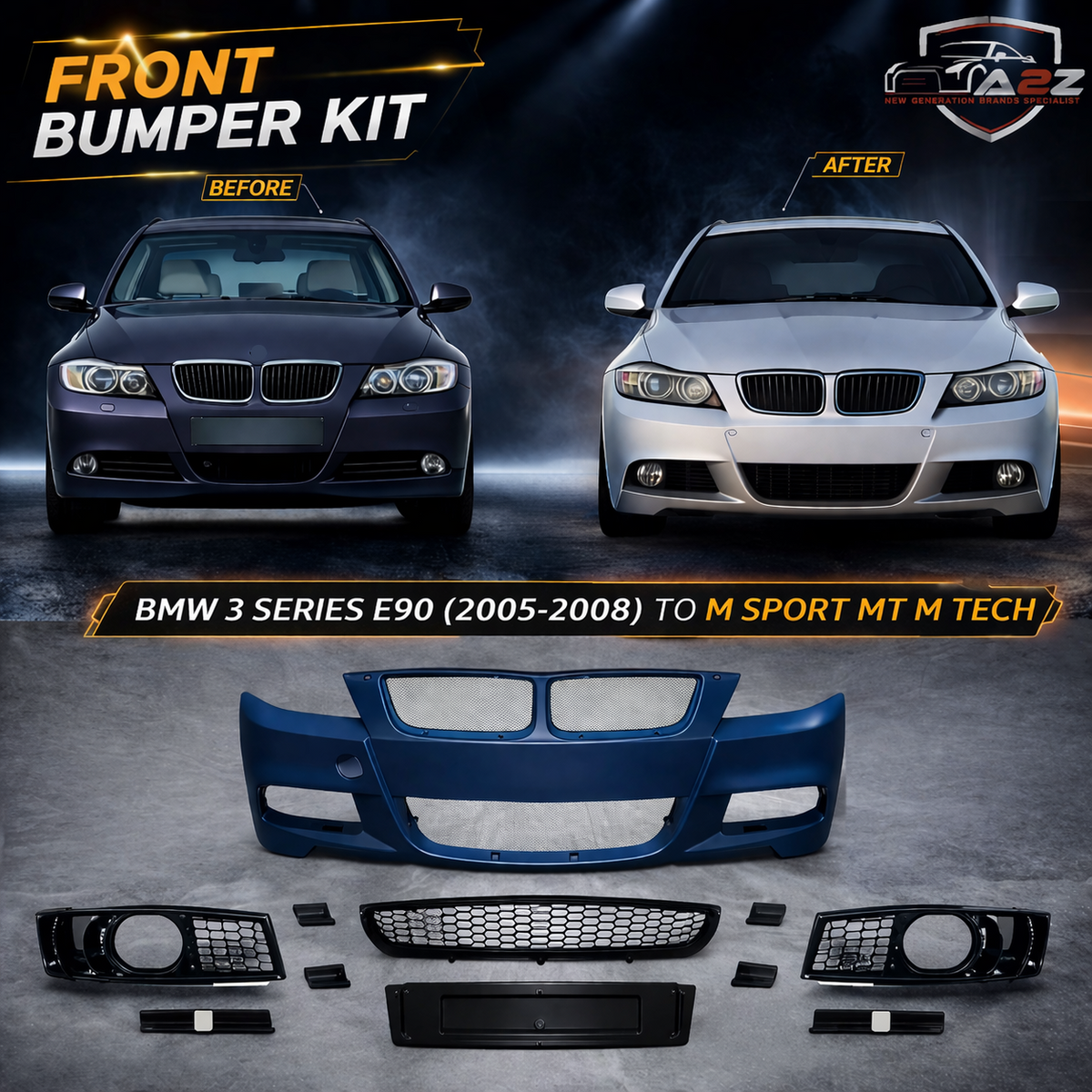 A To Z Compatible With Bmw 3 Series E90 (2005-2008) Front Bumper Upgrade Convert To M Sport Mt M Tech Body Kit Bumper With Fog Hole Mesh E90-002 Gc CC-9152 (Shipping Cost Not Included In Price)