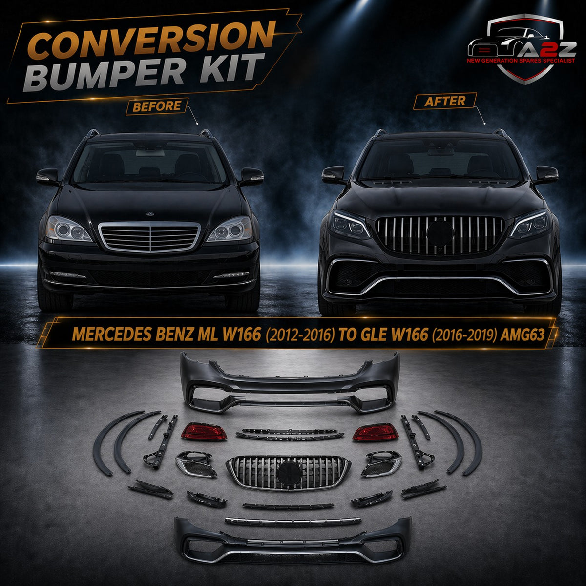 A To Z Compatible With Mercedes Benz MI W166 (2012-2016) Τo GLE W166 (2016-2019) Amg63 Upgrade Facelift Conversion Body Kit Bumper Hood Headlight Taillight CC-8543 (Shipping Cost Not Included In Price)