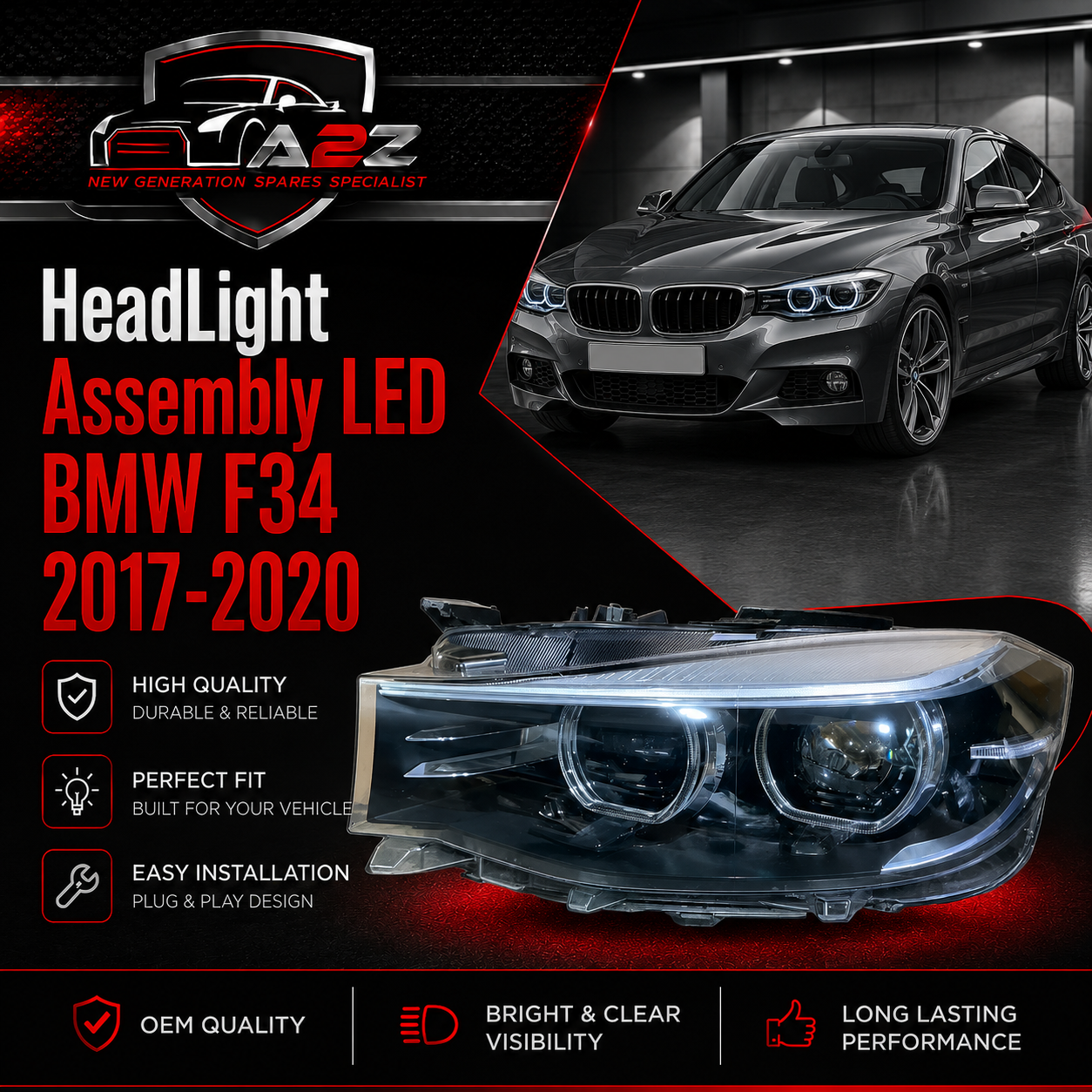 Complete Headlight Assembly (LED) Left 63117470413 & Right 63117470414 Compatible With BMW F34 2017-2020