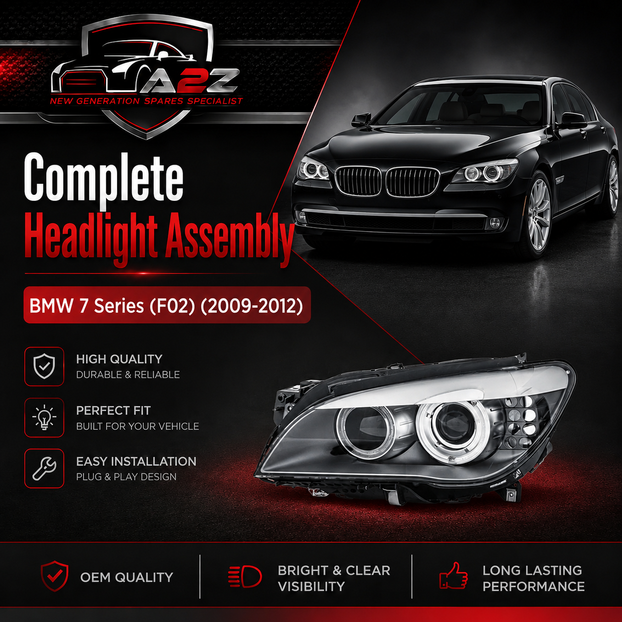 Complete Headlight Assembly Left 63117225229 & Right 63117225230 Compatible With BMW 7 Series (F02) (2009-2012)