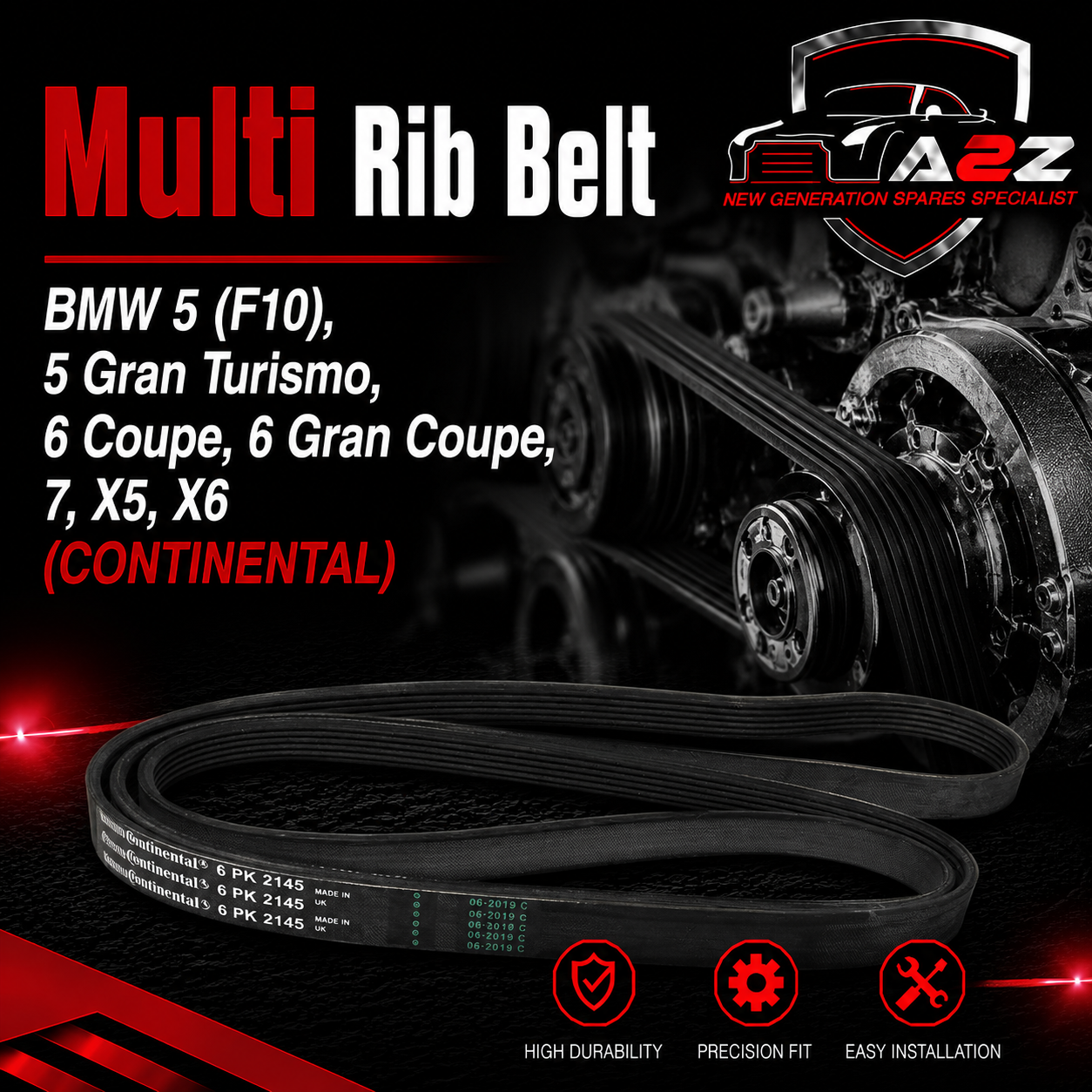 Multi Rib Belt 6PK2145 11288507588 Compatible With BMW 5 (F10), 5 Gran Turismo, 6 Coupe, 6 Gran Coupe, 7,  X5, X6  (CONTINENTAL)