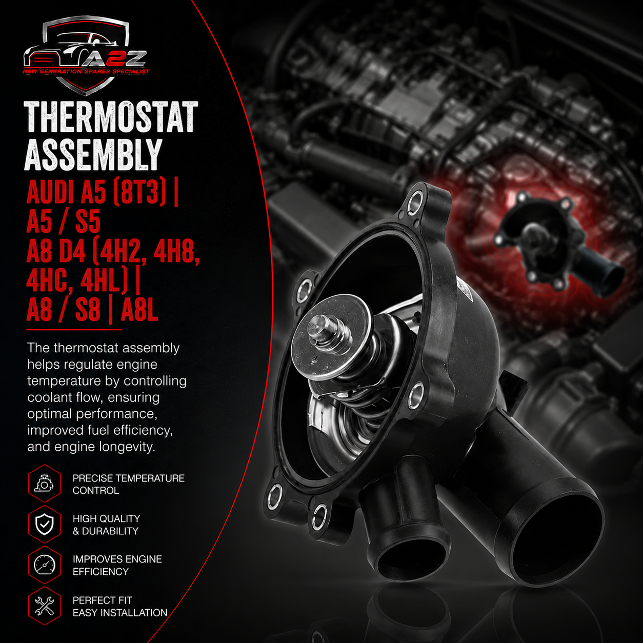 Thermostat Assembly 079121115BB Compatible with AUDI A5 (8T3) | A5 / S5 A8 D4 (4H2, 4H8, 4HC, 4HL) | A8 / S8 | A8L