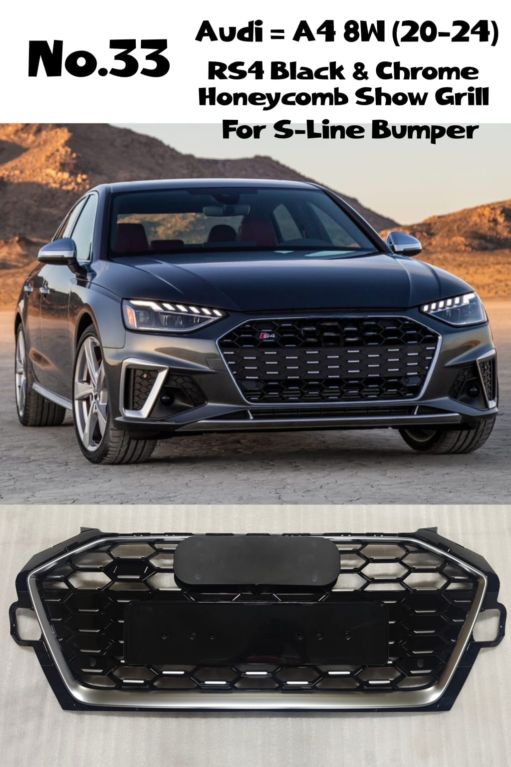 RS4 Black And Chrome Honeycomb Show Grill (For S Line Bumper) Compatible With Audi A4 B9 Facelift (2020-23) Tag No.33