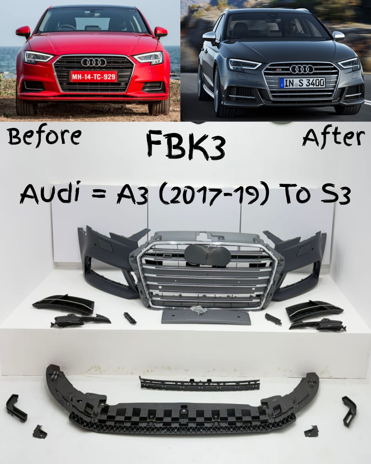 Front Bumper Kit FBK3 Compatible With Audi A3 (2016-2016) Upgrade Into S3