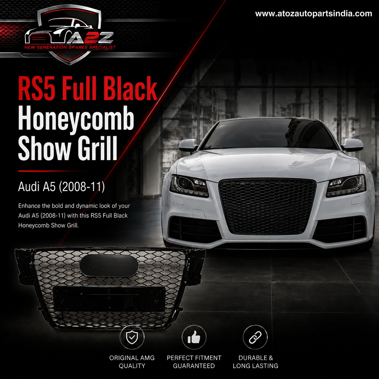 RS5 Full Black Honeycomb Show Grill Compatible With Audi = A5 (2008-11) Tag No.181