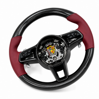 Carbon Fiber & Burgundy Leather Steering Wheel Compatible With Porsche All Models