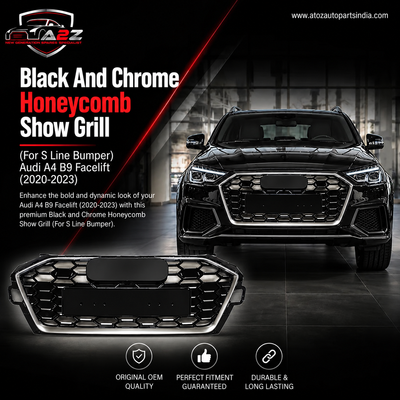 RS4 Black And Chrome Honeycomb Show Grill (For S Line Bumper) Compatible With Audi A4 B9 Facelift (2020-23) Tag No.33