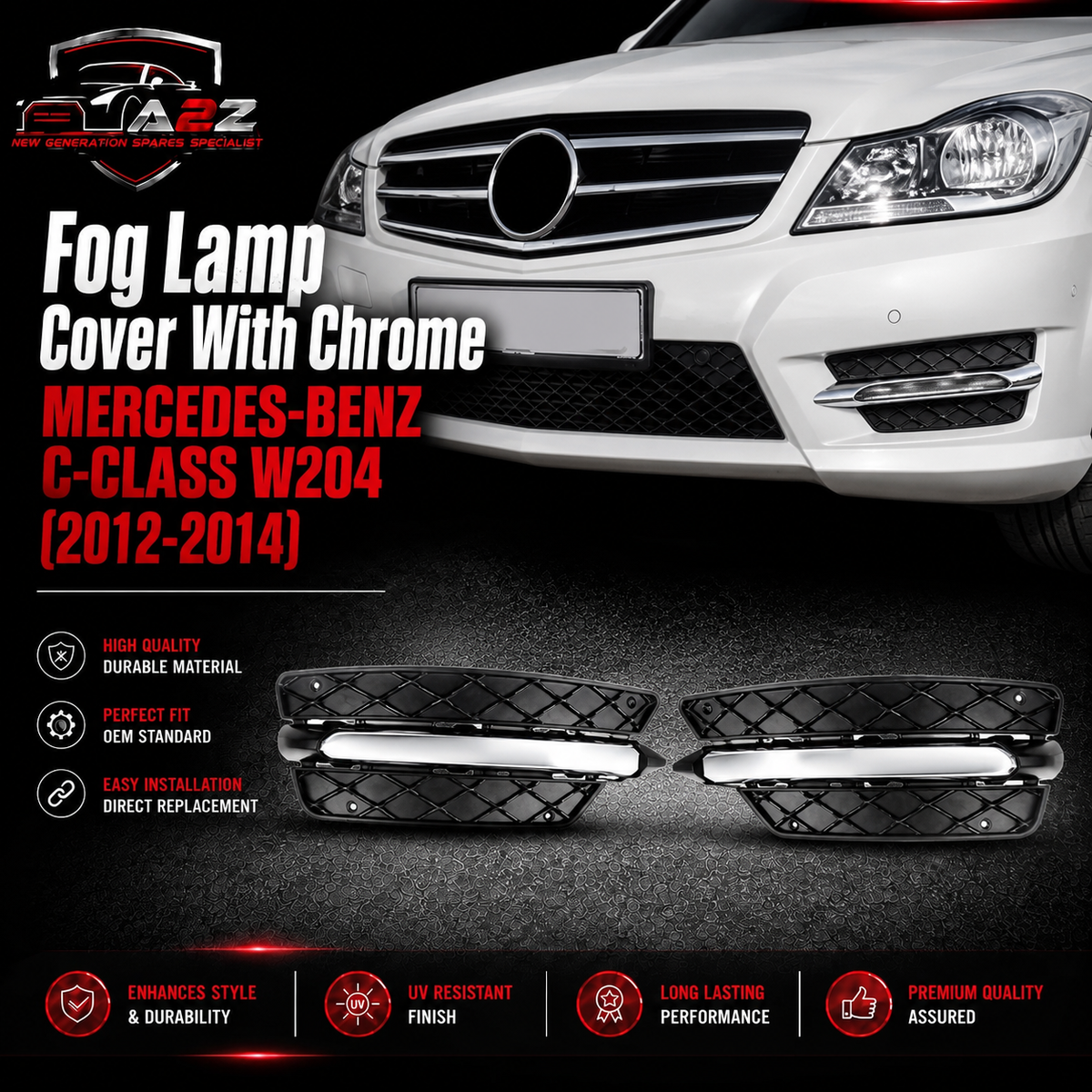 Fog Lamp Cover With Chrome Compatible With MERCEDES-BENZ C-CLASS W204 2012-2014 Fog Lamp Cover With Chrome  Left 2048851353 & Right 2048851453 Tag-FC-251