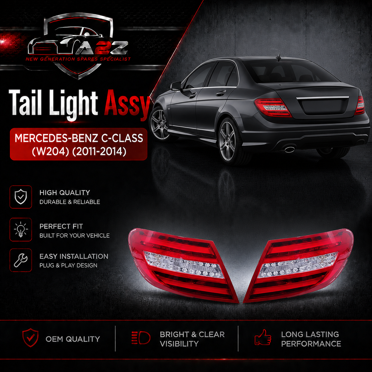 Tail Light Rear Lamp Compatible With MERCEDES-BENZ C-CLASS (W204) (2011-2014) Tail Light Rear Lamp Left 2049060203 A2049060203 2048205464 A2048205464 & Right 2049060503 A2049060503 2048202764 A2048202764Tag-TLM-101