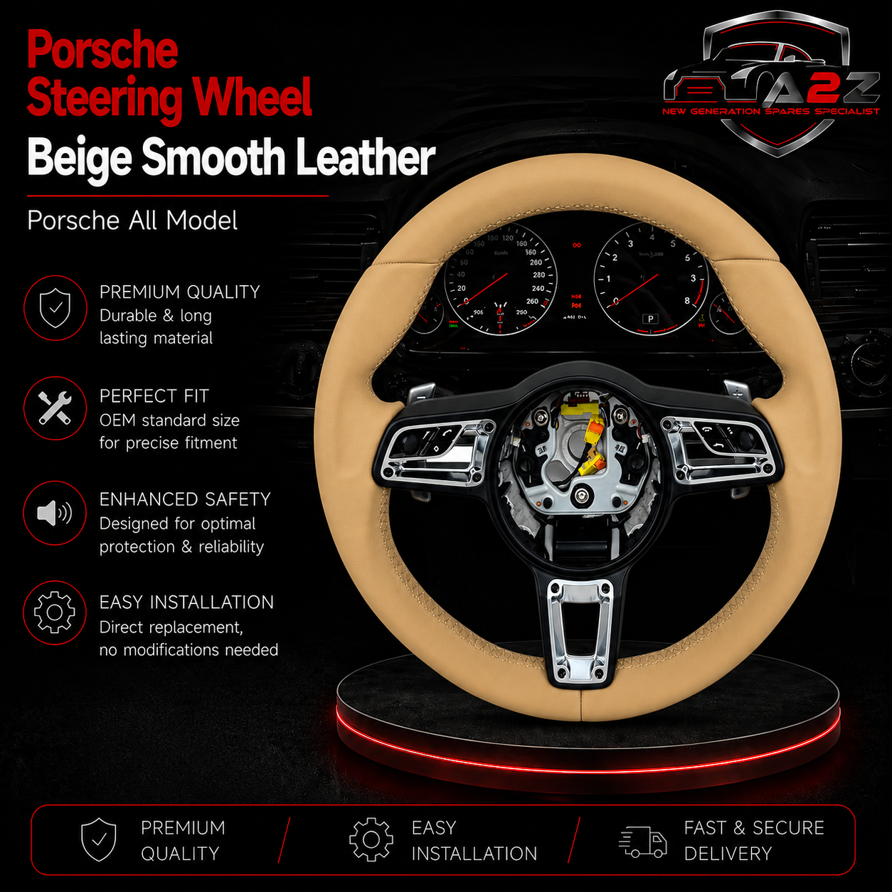 Leather Steering Wheel (Beige Smooth Leather) Compatible With Porsche All Models