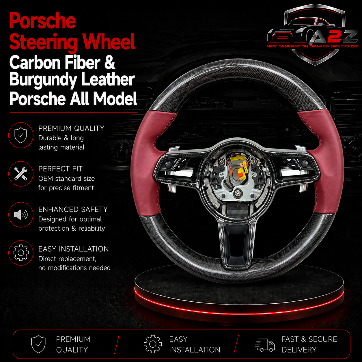 Carbon Fiber & Burgundy Leather Steering Wheel Compatible With Porsche All Models