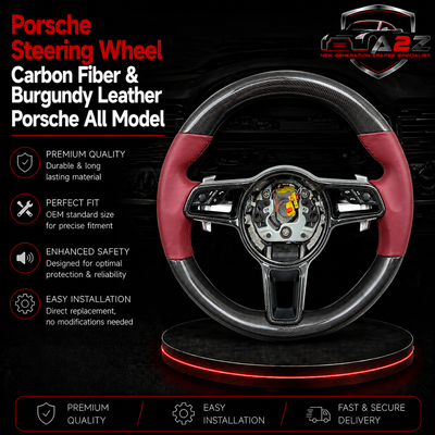 Carbon Fiber & Burgundy Leather Steering Wheel Compatible With Porsche All Models