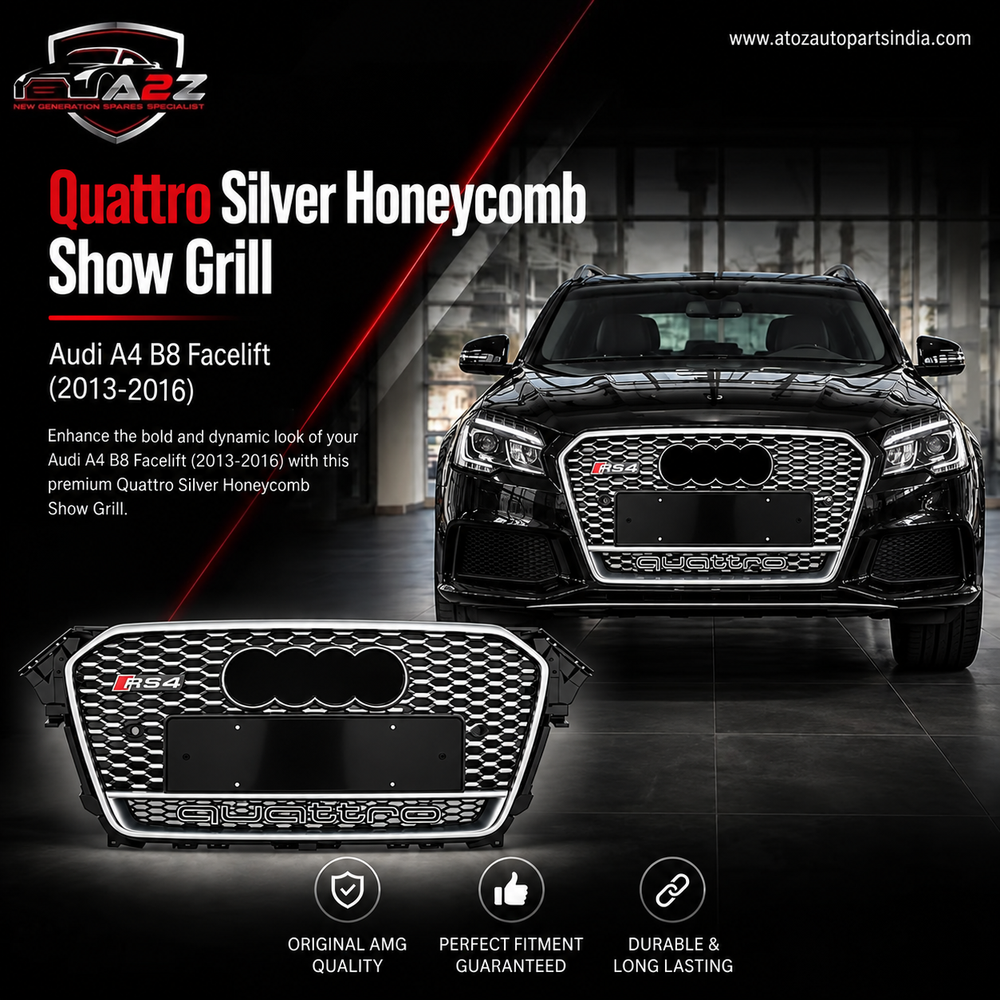 RS4 Quattro Silver Honeycomb Show Grill Compatible With Audi A4 B8 Facelift (2013-16) Tag No.15