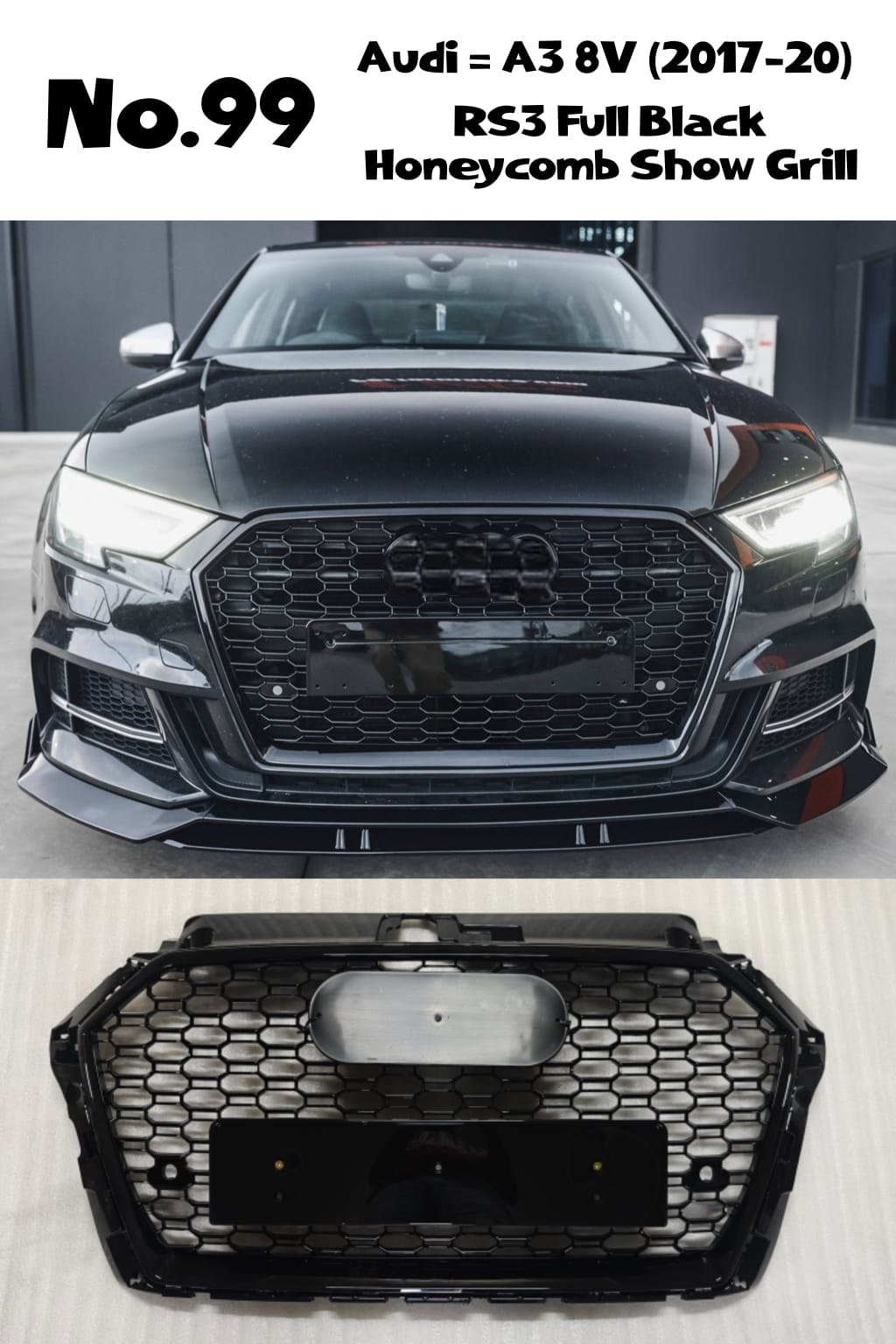 RS3 Full Black Honeycomb Show Grill Compatible With Audi = A3 (2017-20) Tag No.99