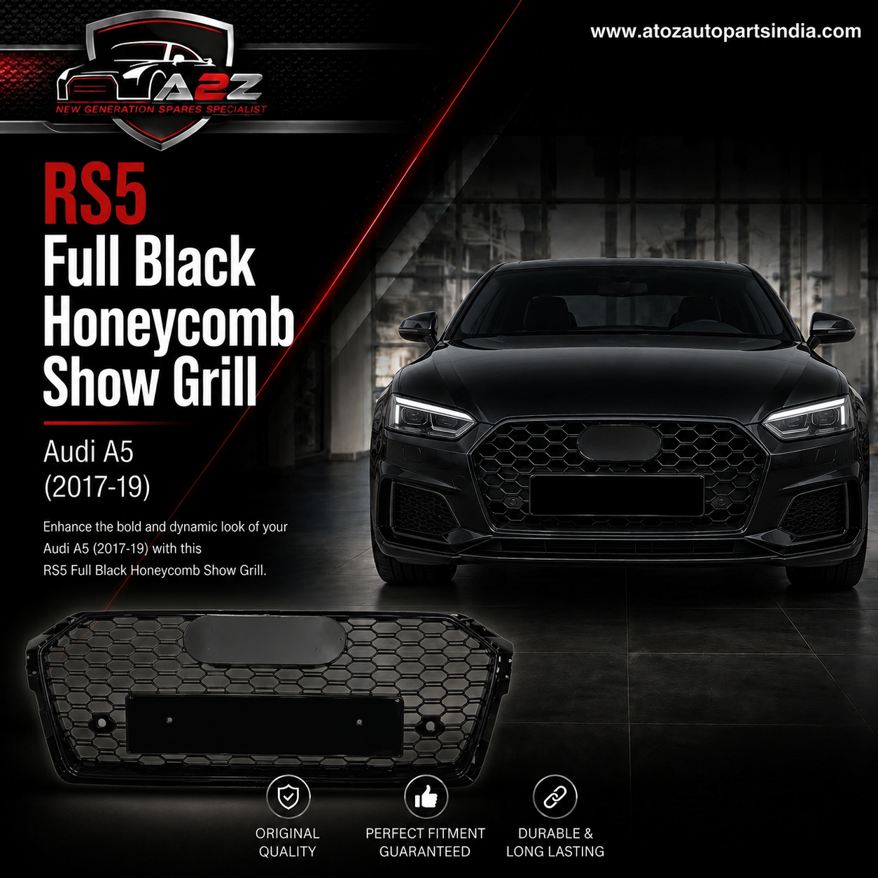 RS5 Full Black Honeycomb Show Grill Compatible With Audi = A5 (2017-19) Tag No.202