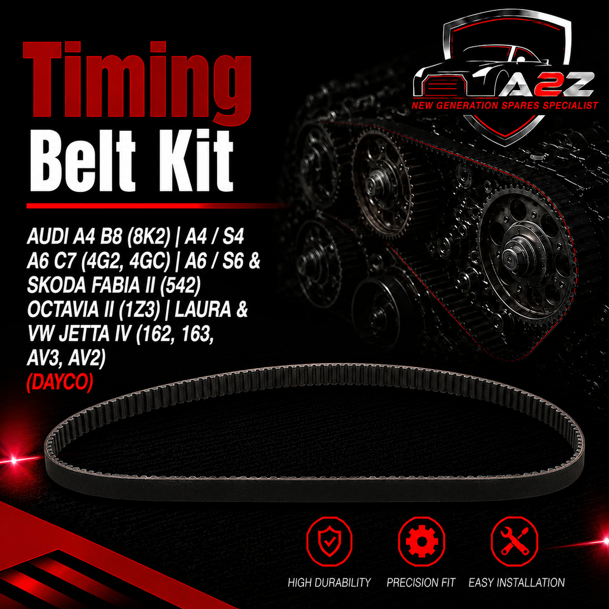 Timing Belt Kit KTB788 03L198119B 03L198119C 03L198119D Compatible With AUDI A4 B8 (8K2) | A4 / S4 A6 C7 (4G2, 4GC) | A6 / S6 & SKODA FABIA II (542) OCTAVIA II (1Z3) | LAURA & VW JETTA IV (162, 163, AV3, AV2) (DAYCO)
