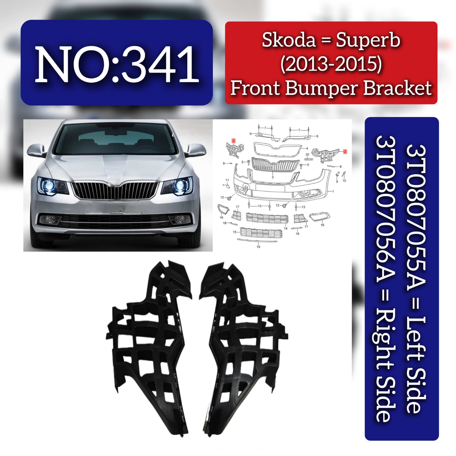 Front Bumper Bracket Set Left 3T0807055A & Right 3T0807056A Compatible With Skoda Superb (2013-2015) Tag No.341