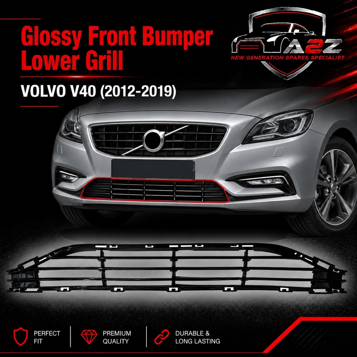 Glossy Front Bumper Lower Grill 31283743 Compatible With VOLVO V40 (2012-2019) Tag No.217