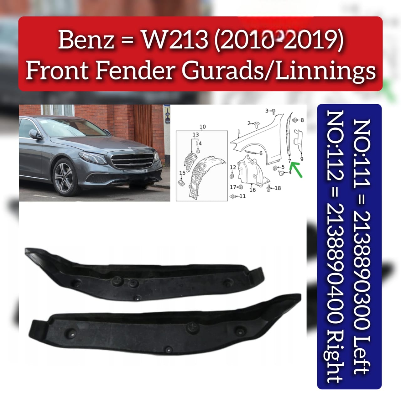 Front Wheel Left & Right Fender Lining 2138890300 2138890400 Compatible With Mercedes Benz W213 (2016-19) Tag No.111