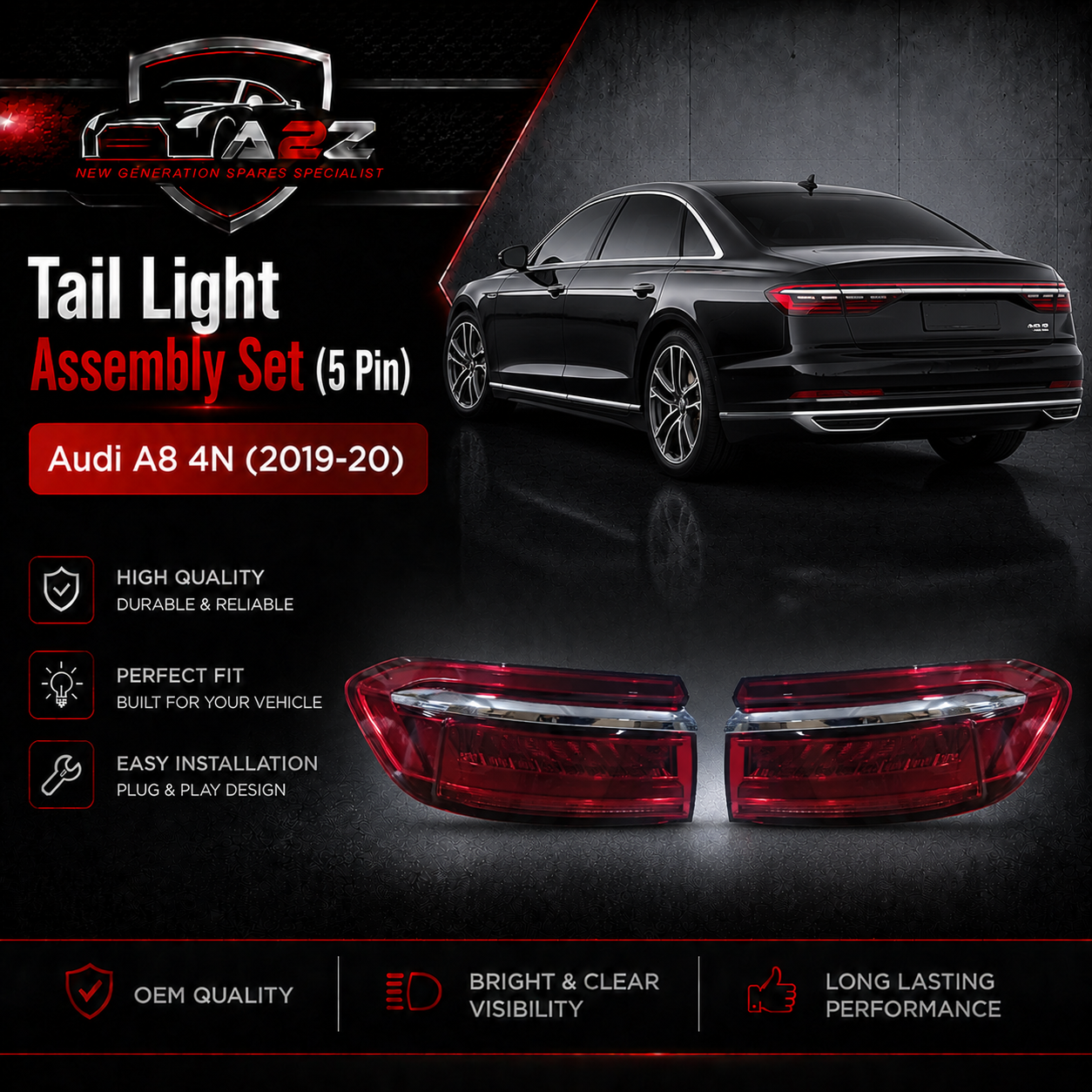 Tail Light Assembly Set (5 Pin) Left 4N0945091B & Right 4N0945092B Compatible With Audi A8 4N (2019-20) Tag No.173