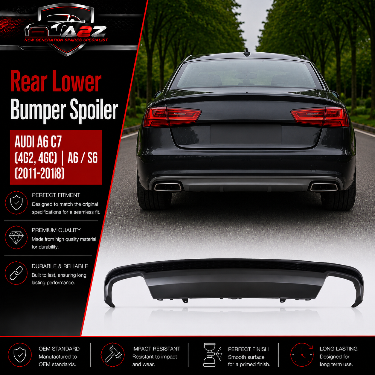 Rear Lower Bumper Spoiler 4G0807833B 4G0807833B9B9 Compatible With AUDI A6 C7 (4G2, 4GC) | A6 / S6 (2011-2018) Tag No.206A