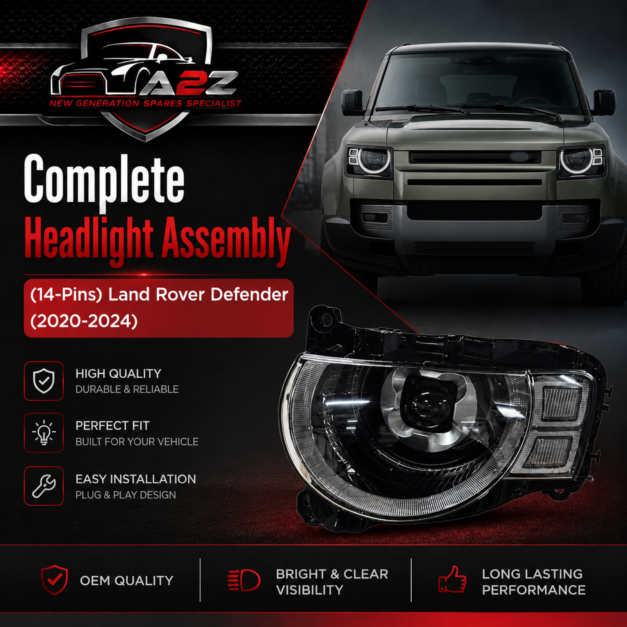 Complete Headlight Assy Left Side (14-Pins) & Right Side (10-Pins) Compatible With Land Rover Defender (2020-2024) Tag No.20